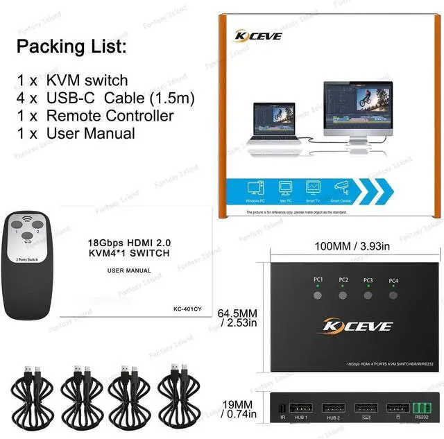 Alt view image 3 of 5 - KC-401CR 4input-1output HDMI kvm USB2.0 2hosts, 1monitor, 1set of keyboard and mouse USB3.0 60hz 4k RS232