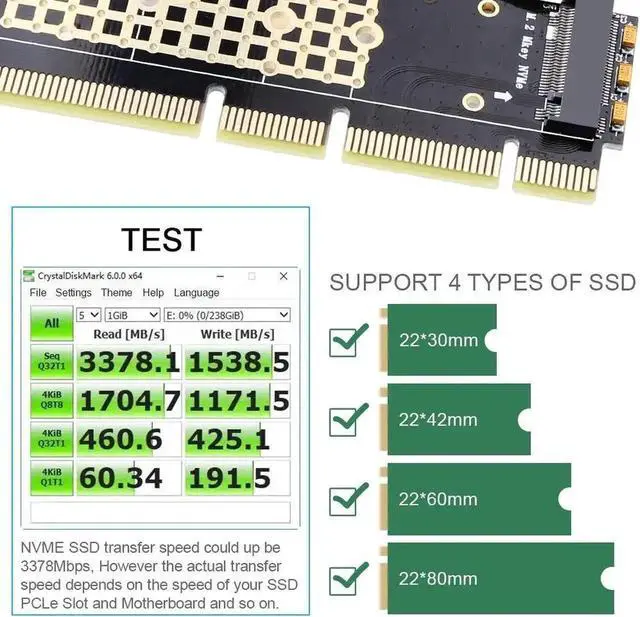 Alt view image 2 of 6 - Onvian M.2 NVMe Adapter SSD to PCIe Card M2 Key M Driver with Silicone Cooling Pad Hard Drive Adapter Support PCIe x4x8x16 Slot