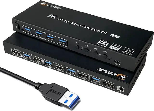 Main image of USB 3.0 KVM Switch HDMI 4 Port Support , USB Hub HDR EDID HDMI USB Switch 4 in 1 Out and 4 USB 3.0 Port for Keyboard Mouse Print
