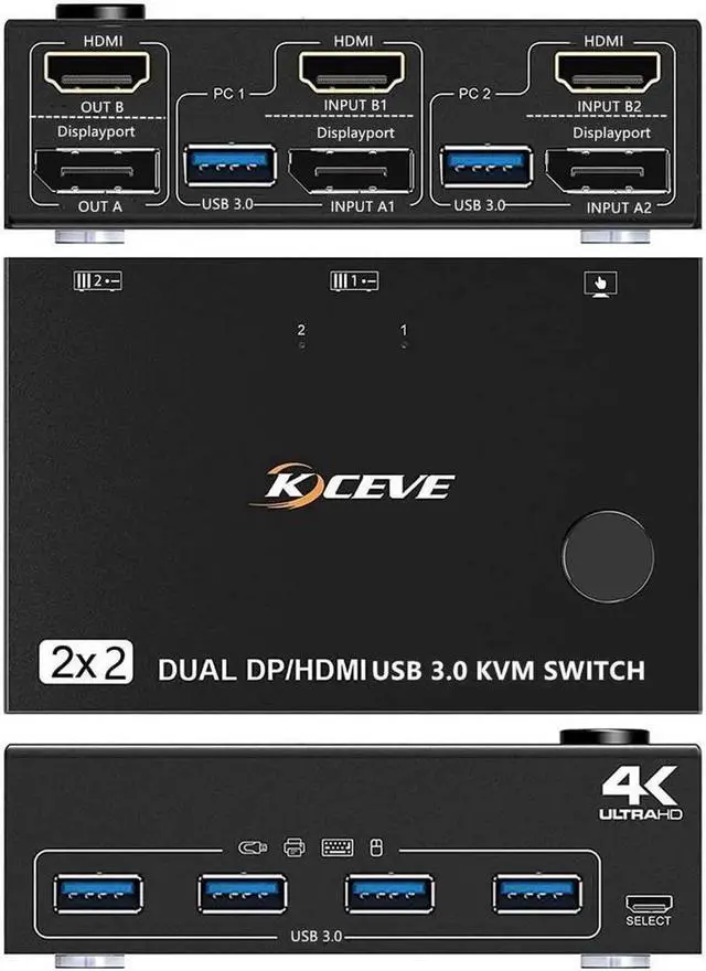 Alt view image 7 of 7 - Monitor Displayport HDMI USB 3.0 KVM Switch 2 Computer 2 Monitors, DP HDMI KVM Switcher Supports 4K @60Hz for 2 Computers Share Keyboard, 4 USB 3.0 Ports, Wired Remote and 4 Cables Included