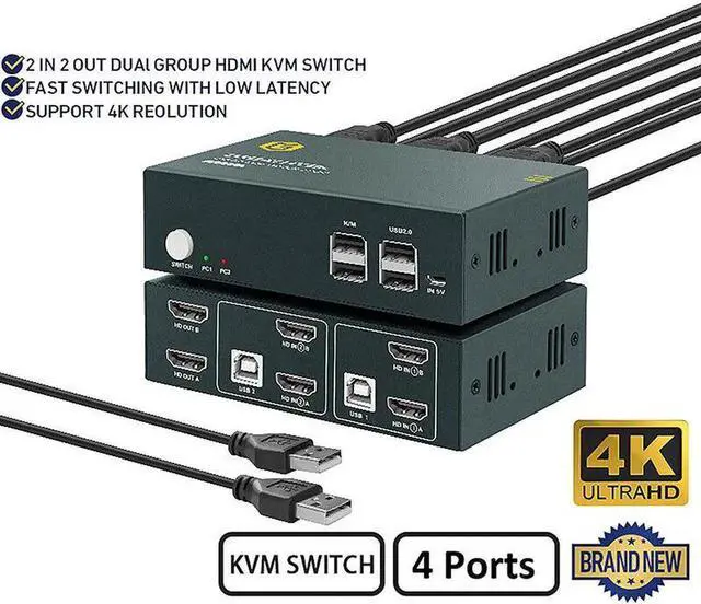Alt view image 2 of 6 - 4k 60Hz KVM 2 In 2 Out Dual Monitor Switcher Controls 2 Computers Or Laptop Monitors Dual Input Display No Driver Required