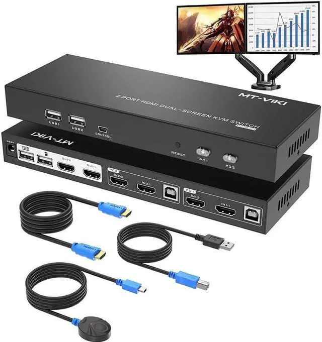 Main image of Monitor HDMI KVM Switch 2 Port, 4K @60Hz USB HDMI Extended Display Switcher for 2 Computers Share 2 Monitors and 4 USB 2.0 Hub, Desktop Controller & USB Cables HD MI Cables Included