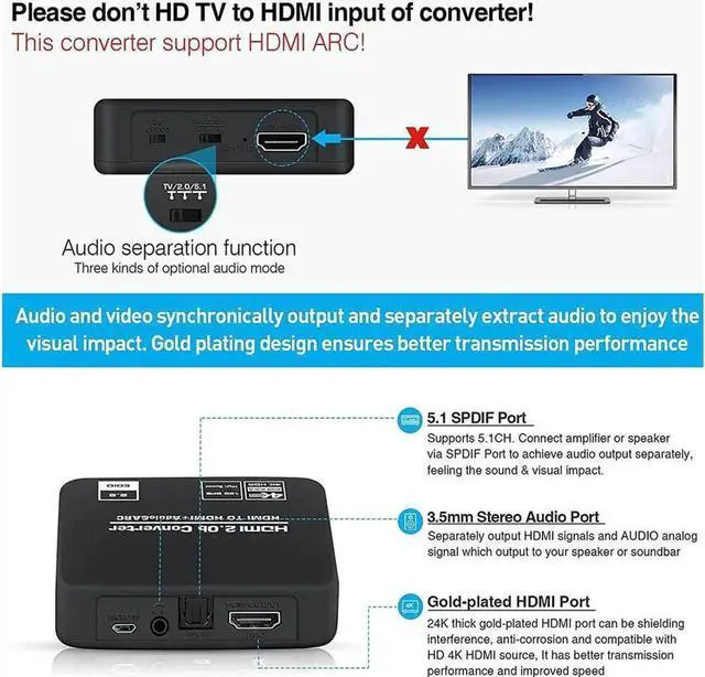 Alt view image 6 of 7 - HDMI Audio Extractor Splitter 4K@60Hz HDMI Audio Adapter Converter HDMI to HDMI Audio Inserter Extractor with 3.5mm Audio Output