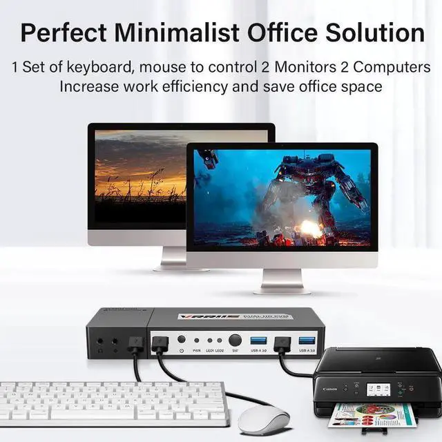 Alt view image 4 of 6 - Switch 2 Monitors 2 Computers 4K Extend Display for PC Printer 2 PCs Share Keyboard Mouse 2 Monitor 3 USB Device Switch