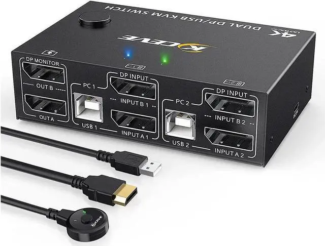Alt view image 3 of 7 - Monitor Displayport KVM Switch DisplayPort 1.4 8K @30Hz 4K @144Hz, DP Extended Display Port KVM Switch for 2 Computers Share 2 Monitors and 4 USB 2.0 Ports, Wired Remote and 4 Cables Included