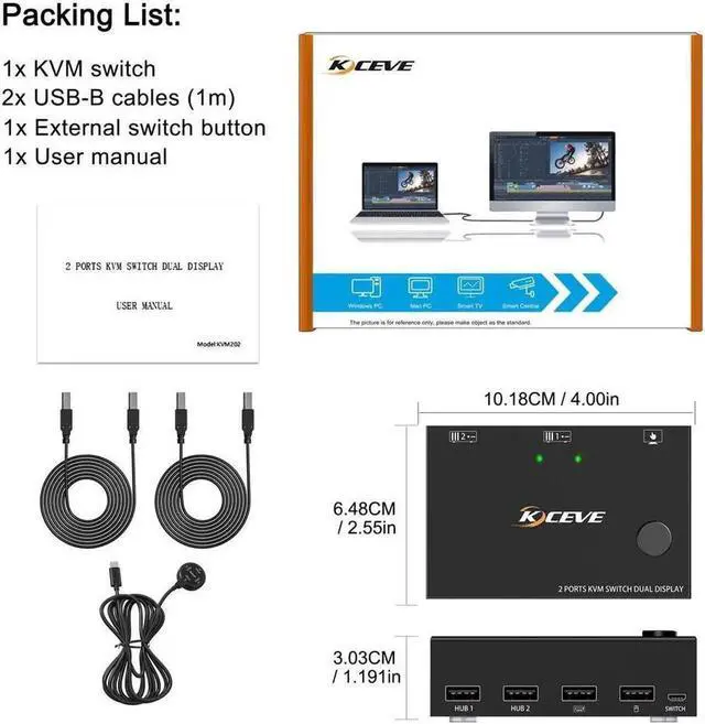 Alt view image 7 of 7 - 2 Port Dual Monitor HDMI KVM Switch 4K @30Hz, USB HDMI Extended Display Switcher for 2 Computers Share 2 Monitors and 4 USB 2.0 Hub, USB KVM Switch with Desktop Controller and USB Cables Included