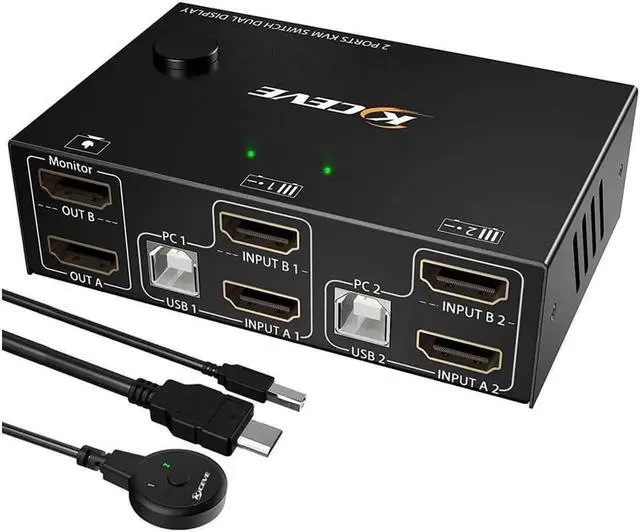 Main image of 2 Port Dual Monitor HDMI KVM Switch 4K @30Hz, USB HDMI Extended Display Switcher for 2 Computers Share 2 Monitors and 4 USB 2.0 Hub, USB KVM Switch with Desktop Controller and USB Cables Included