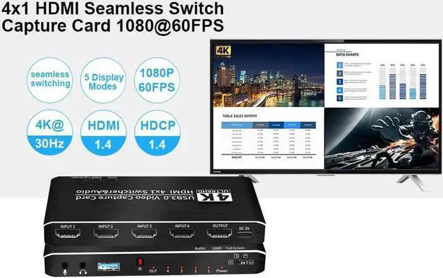 Alt view image 5 of 7 - 4K@30Hz 4x1 HDMI Video Capture Card Seamless Switch with Mic & 3.5mm Audio 4K 30fps Board Game Capture Card USB3.0 Recorder Box Device for Live Streaming Video Recording Loop Out