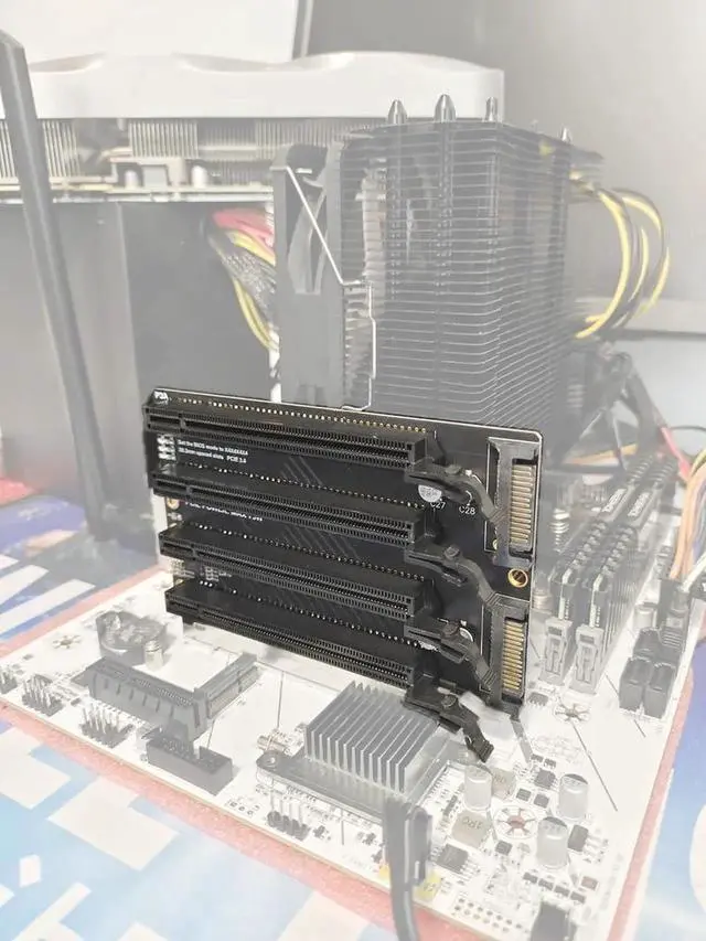 Alt view image 6 of 6 - PCI-E 3.0 x16 1 to 4 Split Card Gen3 PCIe-Bifurcation x16 to x4x4x4x4 Expansion Card 20.2mm Spaced Slots SATA Power Supply Port