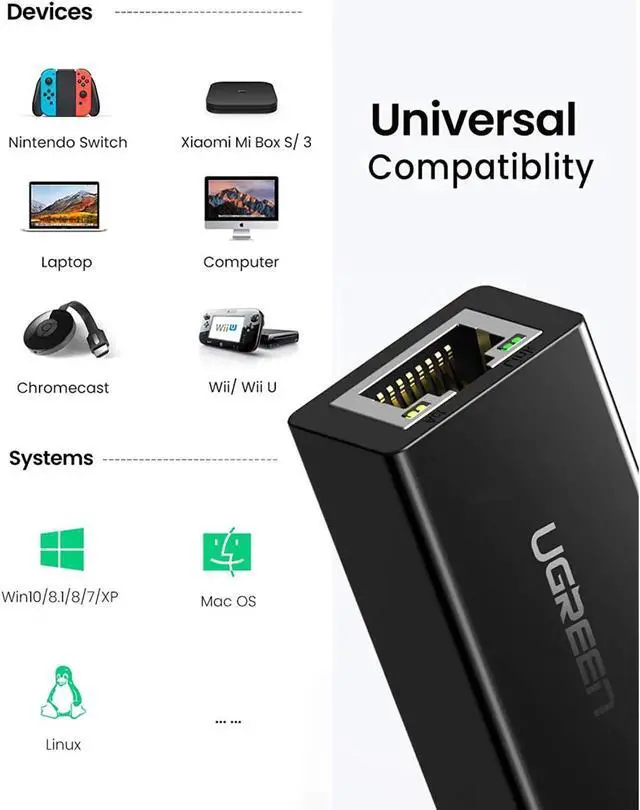 Alt view image 2 of 7 - UGREEN Ethernet Adapter USB 2.0 to 10/100 Network RJ45 LAN Wired Adapter for Nintendo Switch, Wii, Wii U, MacBook, Chromebook, Windows 10, 8.1, Mac OS, Surface Pro, Linux ASIX AX88772 Chipset (Black)