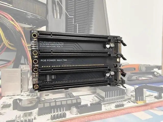 Alt view image 4 of 7 - PCI-E 3.0 x16 1 to 4 Split Card Gen3 PCIe-Bifurcation x16 to x4x4x4x4 Expansion Card 20.2mm Spaced Slots SATA Power Supply Port