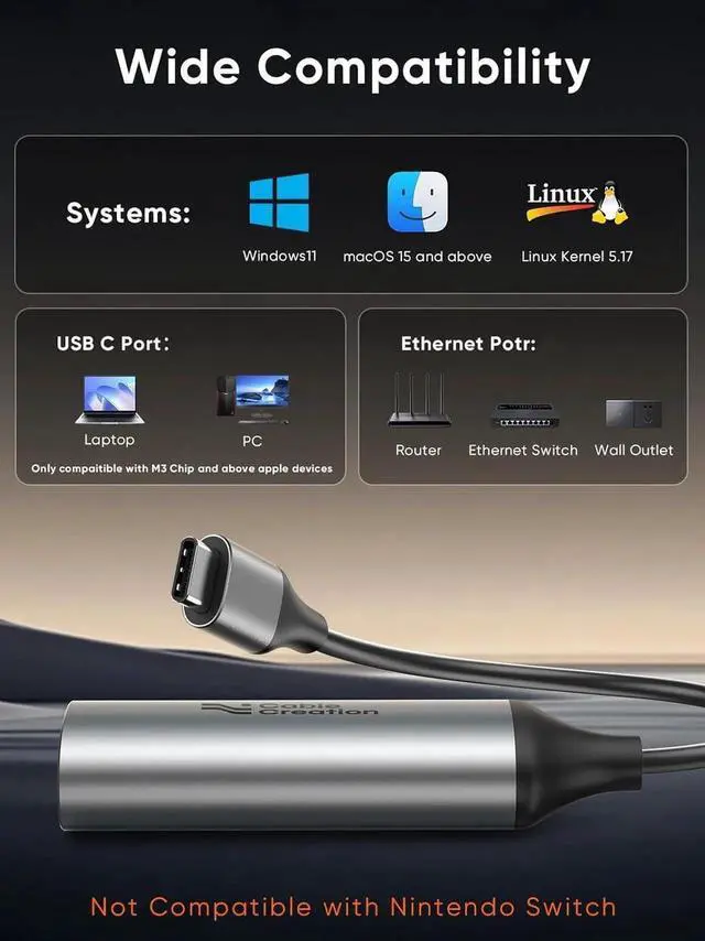 Alt view image 7 of 7 - CableCreation 5Gbps USB C to Ethernet Adapter, 5Gbps Type C to RJ45 Network LAN Internet Adapter Compatible with MacBook, XPS, Thunderbolt 5/4/3, Other USB-C Devices