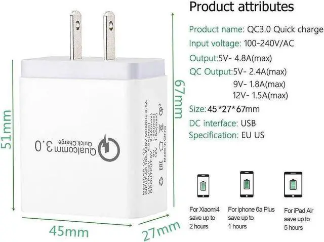 Alt view image 7 of 7 - Quick Charge QC3.0 Charger 3 USB Mobile Phone Fast Charging 3 Port Portable Mobile Phone Travel Wall Charger EU US UK Plug