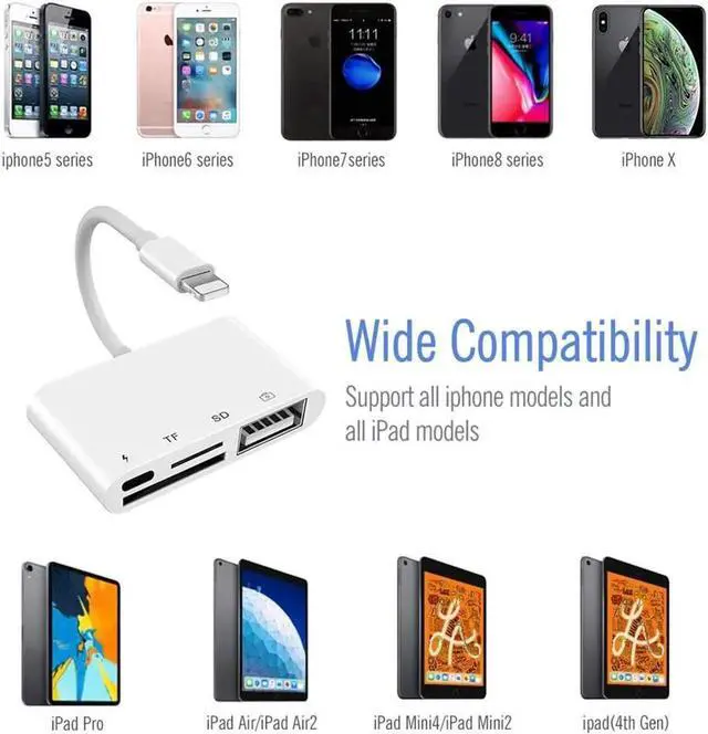 Alt view image 3 of 7 - Lightning Adapter SD Card Reader for iPhone iPad, 4 in 1 USB OTG Camera Connection Kit with Camera Memory Reader, SD &TF Dual Slot Card, Power Delivery, Compatible with iPhone Xs Max/Xs/XR/X/8/7/6s/6