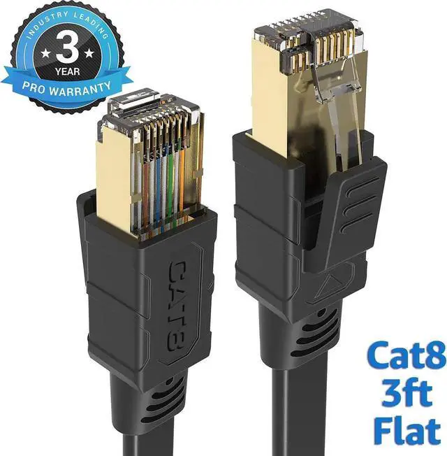Main image of CAT 8 Ethernet Cable 3 Ft Black Flat 40Gbps High Speed Shielded RJ45 LAN Cable