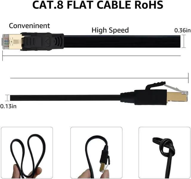 Alt view image 3 of 7 - CAT 8 Ethernet Cable 3 Ft Black Flat 40Gbps High Speed Shielded RJ45 LAN Cable