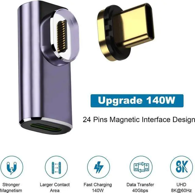 Alt view image 4 of 7 - [2 PACK] 140W Magnetic 90 Degree USB C Adapter, Right Angle USB-C Male to USB-C Female 40Gbps Connector for Mac-Book Pro/Air, Tablet, Laptop, Mobile Phone and More Type C Devices