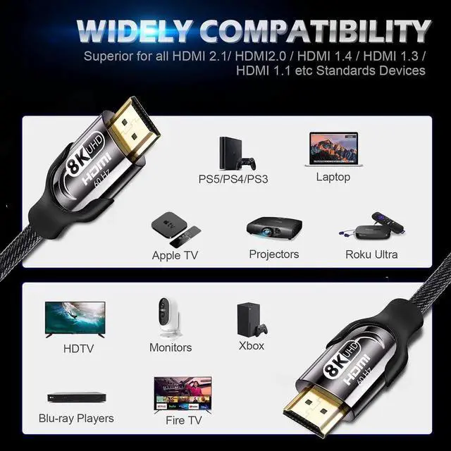 Alt view image 7 of 7 - 8K HDMI 2.1 Cable 10 FT / 3M, 48Gbps High Speed Braided Cord 8K@60Hz 4K@120Hz HDCP 2.2 2.3 HDR 10 ARC & CL3 Rated Compatible with Monitor, TV, PS5, Xbox