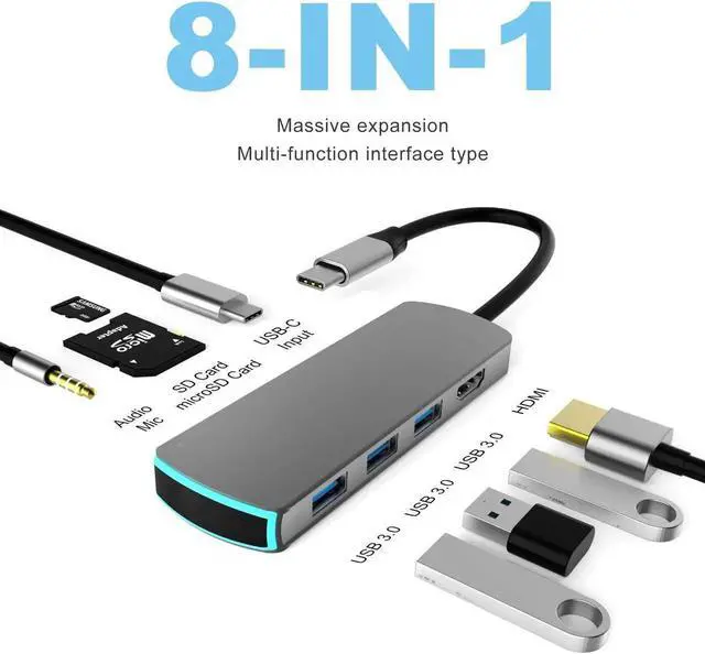 Alt view image 2 of 7 - USB C Hub Laptop Docking Station, USB 3.1 Type C Dongle, 8 in 1 USB C to HDMI Multiport Adapter with PD Fast Charge 4K HDMI 3 USB 3.0 Ports SD/TF Card Reader for MacBook Pro