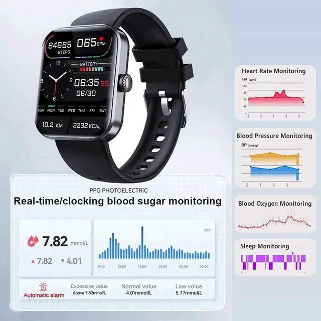 Alt view image 6 of 7 - Blood Glucose Monitoring Smartwatch - Fitness Tracker with Blood Pressure, Blood Oxygen Tracking - Heart Rate Monitor | Calorie Step Counter Non-invasive Blood Glucose Test Sport Smart Watch