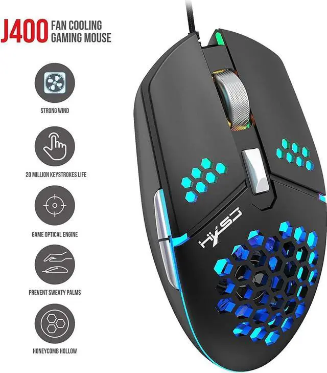 Alt view image 7 of 7 - Gaming Mouse USB Wired, Programmable Fan Cooling Gaming Mice, Ultra-Lightweight Unique Design, Hexagonal Shell Design, Cool RGB Lighting, 6 Buttons, up to 8000 DPI (Black)