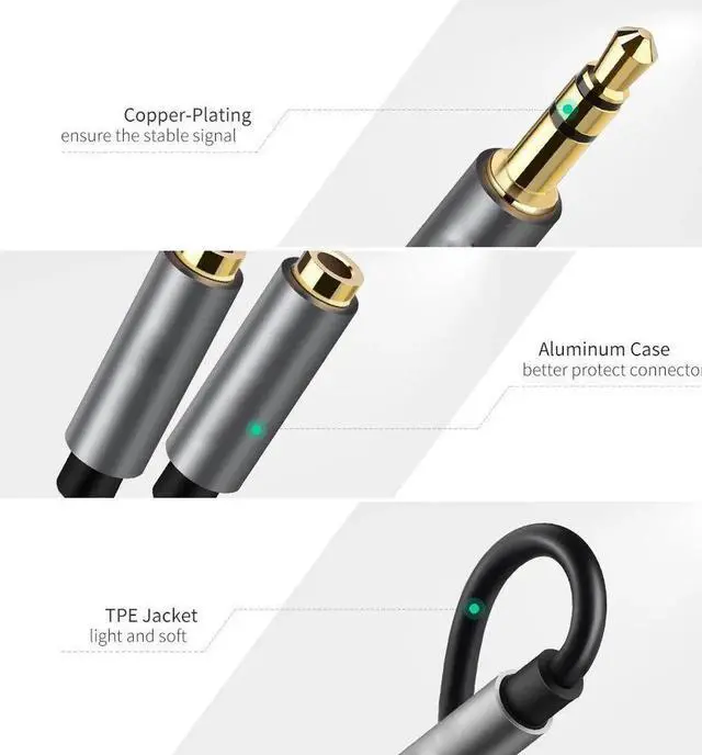 Alt view image 6 of 7 - 2-PACK Headphone Splitter, [Hi-Fi Sound, Copper Shell] 3.5mm Male to 2 Dual 3.5mm Female Audio Splitter Cord Nylon-Braided Stereo Y Splitter for iPhone, Samsung, Smartphones, Tablets-Gray