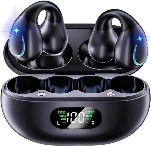 Main image of Open Ear Bone Conduction Headphones, Clip On Wireless Earbuds with Digital Display Charging Case 60 Hours Playtime Bluetooth 5.3 Sport Earphones Built-in Mic IPX7 Waterproof for Running Fitness