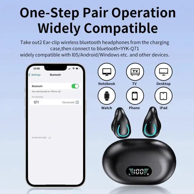 Alt view image 7 of 7 - Open Ear Bone Conduction Headphones, Clip On Wireless Earbuds with Digital Display Charging Case 60 Hours Playtime Bluetooth 5.3 Sport Earphones Built-in Mic IPX7 Waterproof for Running Fitness