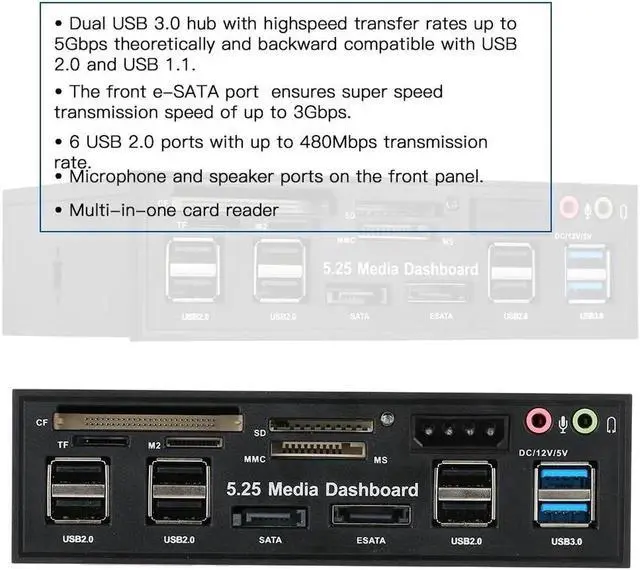 Alt view image 7 of 7 - Multi-Function 5.25 Bay USB 3.0 Hub eSATA,Sata Front Panel, SATA Port Internal Card Reader PC Dashboard Media Front Panel Audio for SD MS CF TF M2 MMC Memory Cards Fits 5.25" Bay