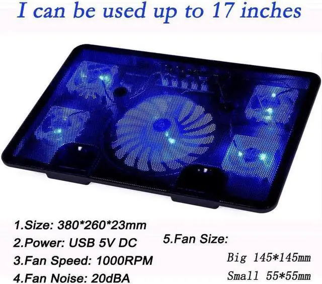 Alt view image 2 of 7 - 5 Fan 2 USB Laptop Cooler Cooling Pad Base LED Notebook Cooler Computer USB Fan Stand For Laptop PC 10''-17''