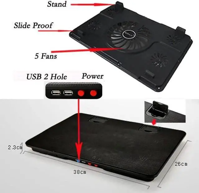 Alt view image 7 of 7 - 5 Fan 2 USB Laptop Cooler Cooling Pad Base LED Notebook Cooler Computer USB Fan Stand For Laptop PC 10''-17''