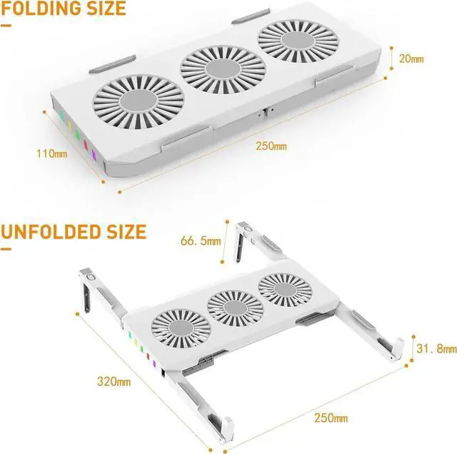 Alt view image 2 of 7 - Portable Foldable RGB Laptop Cooler Stand with 3 Quiet Cooling Fan Notebook PC Cooling Bracket for Laptop within 18 Inches