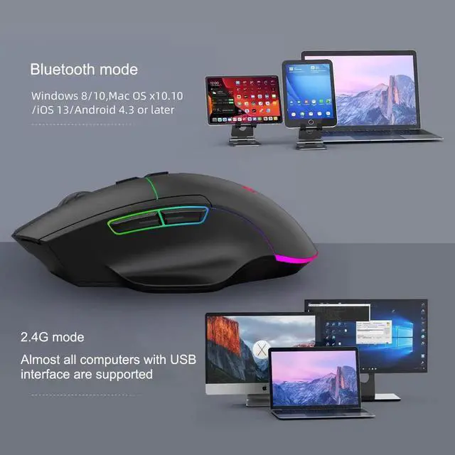 Alt view image 4 of 7 - 2.4Ghz + Bluetooth Mouse Three Mode Rechargeable Wireless RGB Gaming Mouse Quiet 7 Key Office Game Mice Computer Accessories