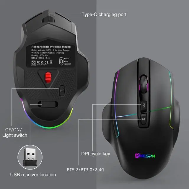 Alt view image 2 of 7 - 2.4Ghz + Bluetooth Mouse Three Mode Rechargeable Wireless RGB Gaming Mouse Quiet 7 Key Office Game Mice Computer Accessories