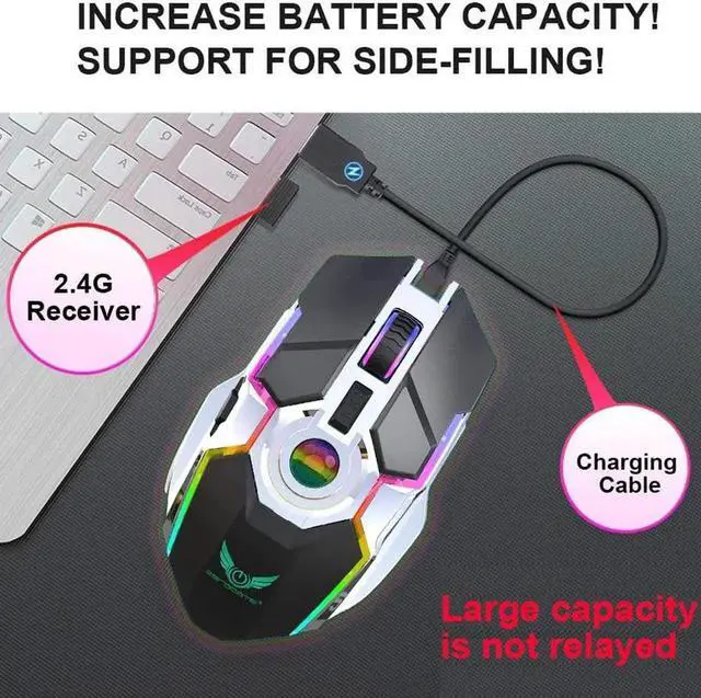 Alt view image 3 of 7 - Rechargeable 2.4G Wireless Gaming Mice with USB Receiver and RGB Colors Backlit for Laptop,Computer PC and MacBook (600 mAh Lithium Battery)- Black