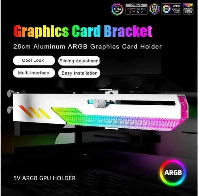 Alt view image 3 of 7 - Graphics Card GPU Support Bracket, 5V 3Pin ARGB Dual Interface & Small 4Pin Interface RGB Video Card Holder, 2 PCIE Slots Easy Installation GPU Bracket for 99% Cases - Black White