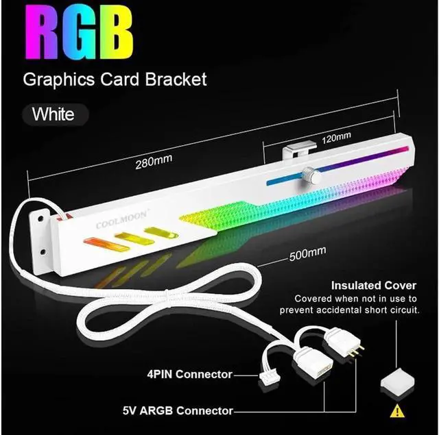 Alt view image 4 of 7 - Graphics Card GPU Support Bracket, 5V 3Pin ARGB Dual Interface & Small 4Pin Interface RGB Video Card Holder, 2 PCIE Slots Easy Installation GPU Bracket for 99% Cases - Black White
