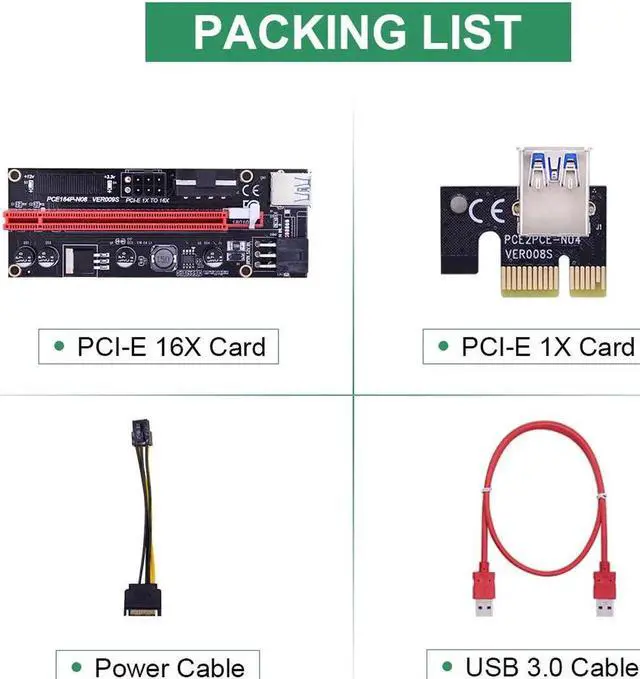 Alt view image 5 of 5 - Dual LED VER009S PCI-E Riser Card PCI Express 1X to 16X Adapter 60CM USB 3.0 Cable 6Pin Power for Graphics Card