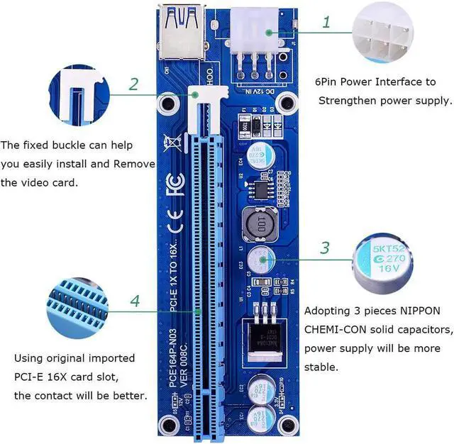 Alt view image 4 of 5 - NGFF M.2 M Key to USB 3.0 PCI-E Riser Card M2 to USB3.0 PCIE 16X 1X Extender with 6Pin Power for Graphics Card