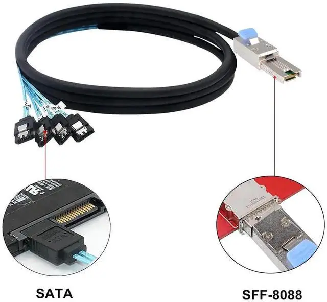Alt view image 5 of 6 - Aomoproing Mini SAS 26P SFF 8088 Male to 4 SATA 4Pin Female 1M 3.3FTCable with Latch,Mini SAS Host/Controller to 4 SATA Target/Backplane