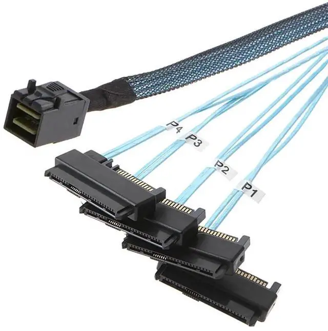 Alt view image 4 of 5 - Aomoproing SFF-8643 Internal Mini SAS HD to (4) 29pin SFF-8482 connectors with SAS 15pin Power Port 12GB/S Cable 1M 3.3 feet