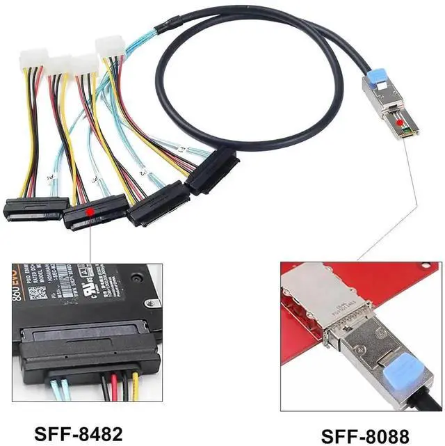 Alt view image 6 of 6 - Aomoproing Mini-SAS SFF-8088 26P to 4 X SAS SFF-8482 29 Pin with Power Cable 1 Meter 3.3FT