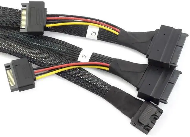 Main image of Aomoproing Mini SAS HD 8643 4i to Dual SAS 8639 with SATA 15-Pin Cable 12Gbps High-Speed Server Interconnect, 32AWG Copper Wire (1m)