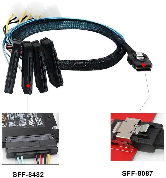 Alt view image 7 of 7 - Aomoproing Internal Mini SAS SFF-8087 to (4) 29pin SFF-8482 connectors with SATA Power, 1M / 3.3FT