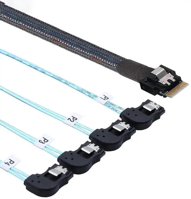 Alt view image 5 of 6 - Aomoproing PCIE Slimline SAS 4.0 SFF-8654 38Pin to 4* SATA 7Pin Left Angle Cable \u2013 High Speed 30AWG Server Data Transfer Cable Compatible with RAID Controller, HDD, SSD (1m/39.37in)