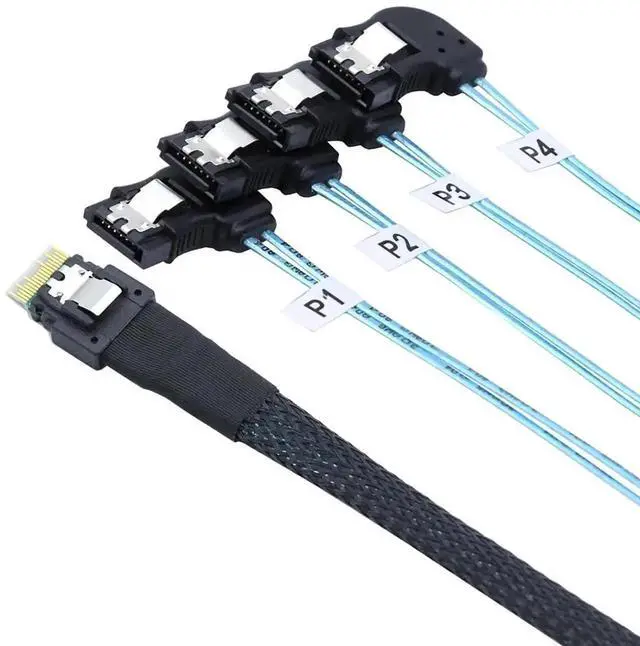 Alt view image 2 of 6 - Aomoproing PCIE Slimline SAS 4.0 SFF-8654 38Pin to 4* SATA 7Pin Left Angle Cable \u2013 High Speed 30AWG Server Data Transfer Cable Compatible with RAID Controller, HDD, SSD (1m/39.37in)