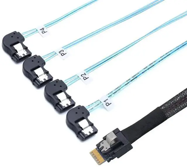 Alt view image 6 of 6 - Aomoproing PCIE Slimline SAS 4.0 SFF-8654 38Pin to 4* SATA 7Pin Left Angle Cable \u2013 High Speed 30AWG Server Data Transfer Cable Compatible with RAID Controller, HDD, SSD (1m/39.37in)