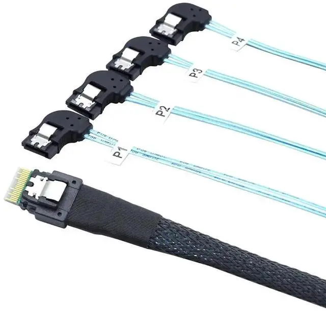Alt view image 3 of 6 - Aomoproing PCIE Slimline SAS 4.0 SFF-8654 38Pin to 4* SATA 7Pin Left Angle Cable \u2013 High Speed 30AWG Server Data Transfer Cable Compatible with RAID Controller, HDD, SSD (1m/39.37in)