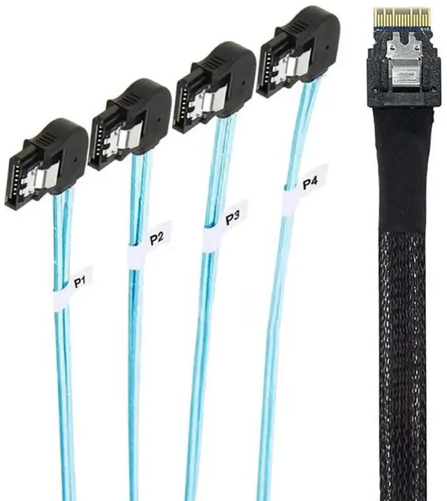 Main image of Aomoproing PCIE Slimline SAS 4.0 SFF-8654 38Pin to 4* SATA 7Pin Left Angle Cable \u2013 High Speed 30AWG Server Data Transfer Cable Compatible with RAID Controller, HDD, SSD (1m/39.37in)