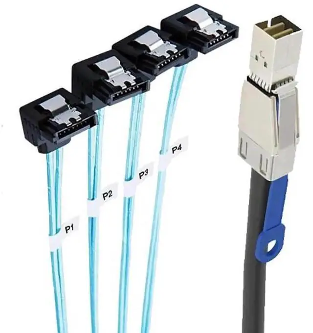 Alt view image 4 of 5 - Aomoproing Mini SAS HD SFF-8644 to 4X SATA 7Pin Female 90 Degree Cable with IC \u2013 6Gbps High Speed 28AWG Server Hard Drive Connector for RAID Controller, HDD, SSD (1m/39.37in)